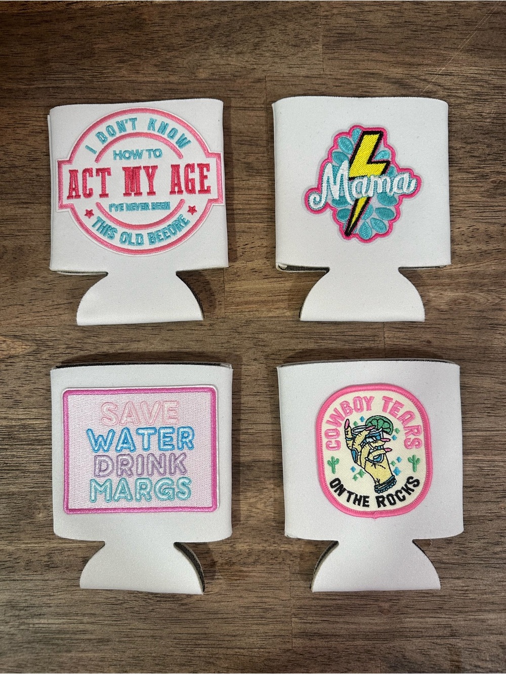 Set of 4 White foam Can Coolers with Colorful Patches